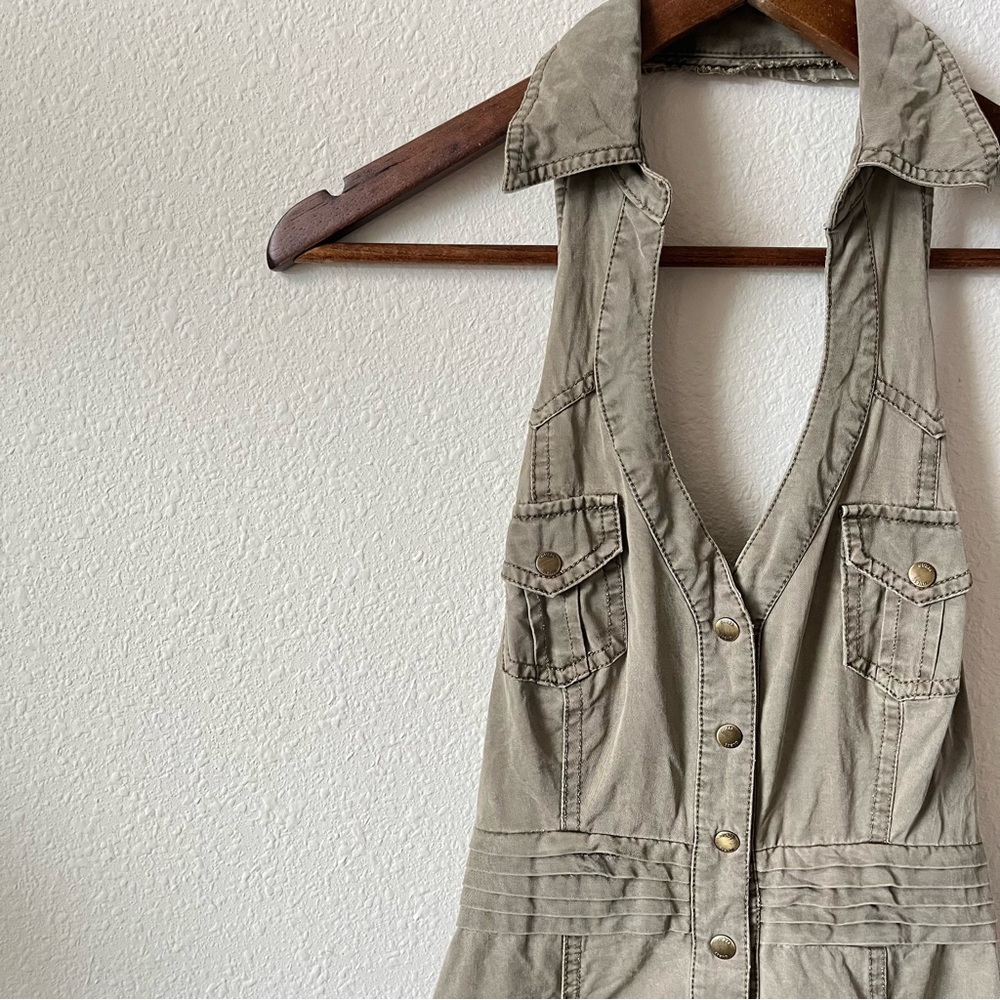 Guess Olive Green Collared Washed Backless Halter Mini Dress Button - Picture 2 of 6